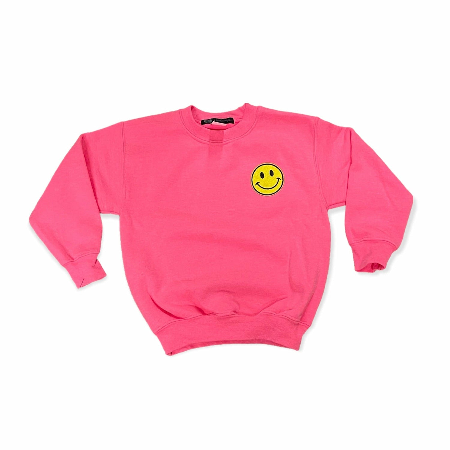 GIRLS NEON PINK HAPPY FACE PATCH CREWNECK