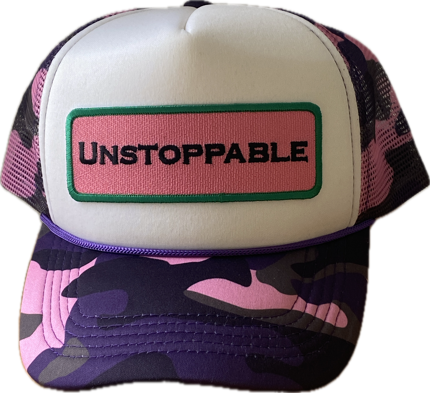 UNSTOPPABLE CAMO DREAMS PUPLE PINK GREEN TRUCKER HAT