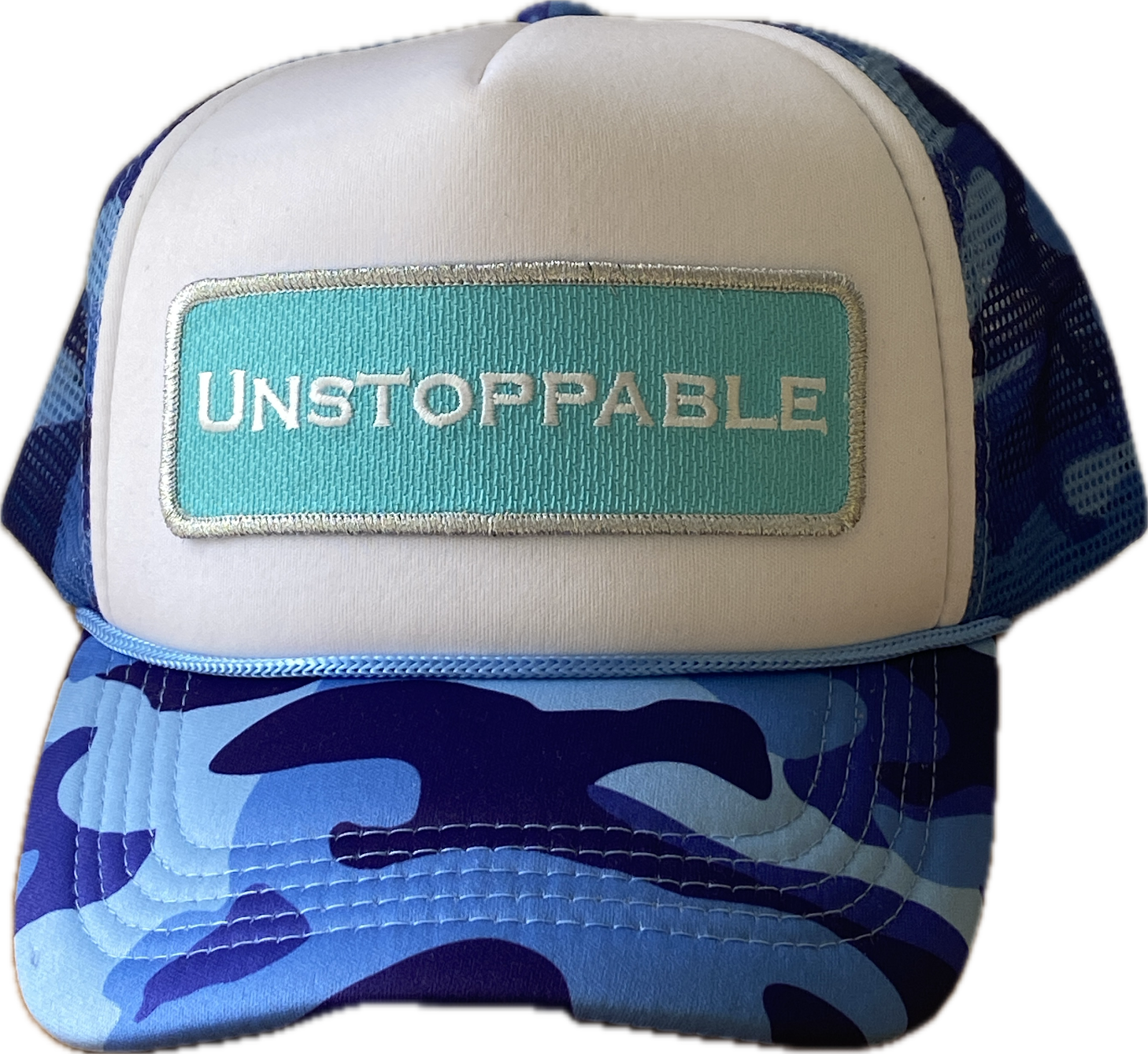 UNSTOPPABLE CAMO DREAMS BLUE SILVER TRUCKER HAT