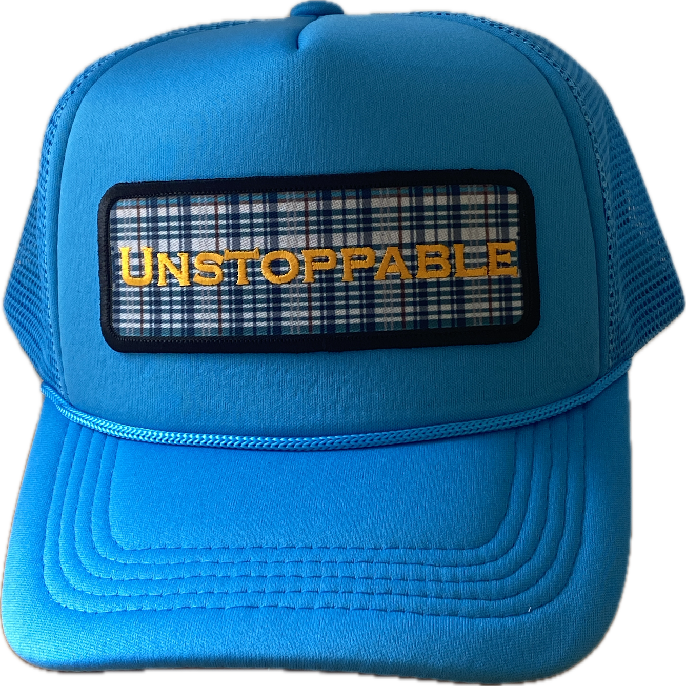 UNSTOPPABLE PLAID TURQUOISE TRUCKER HAT