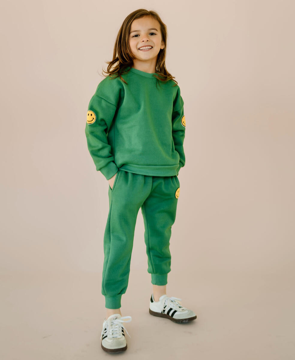 BOYS GREEN SMILEY PATCHED SWEATSHIRT SET