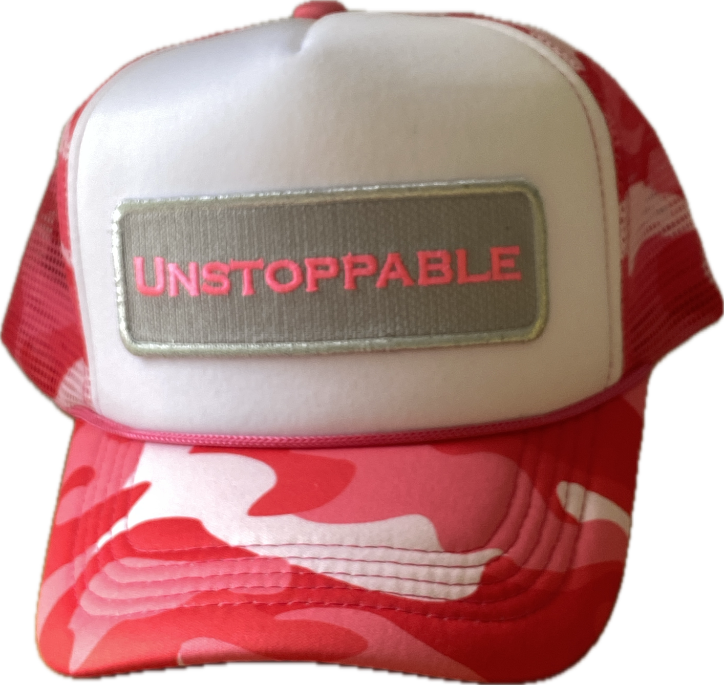 UNSTOPPABLE CAMO DREAMS PINK SILVER TRUCKER HAT