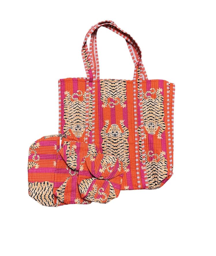 PINK ORANGE TOTE AND 3 PC COSMETIC BAG