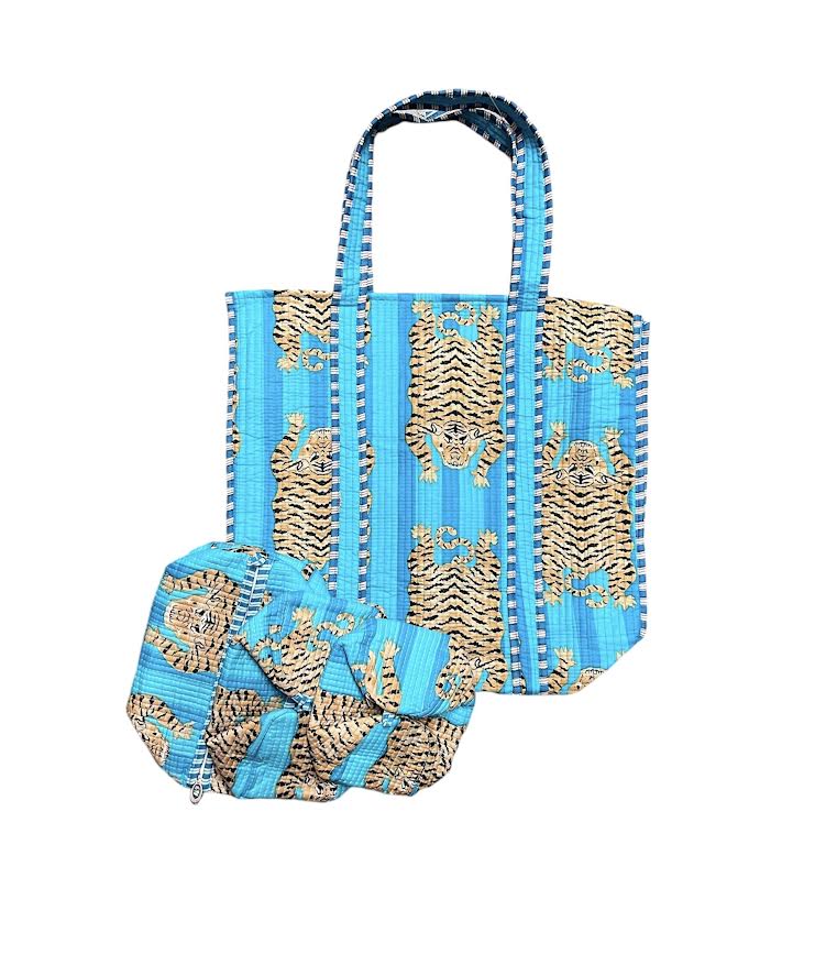 BLUE TIGER TOTE AND 3 PC COSMETIC BAG