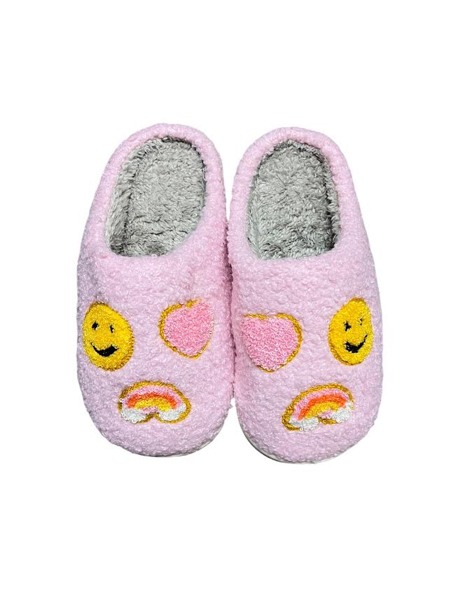 GIRLS PINK SMILEY FUZZY SLIPPERS