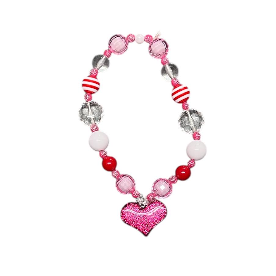 HOT PINK BEADED HEART NECKLACE