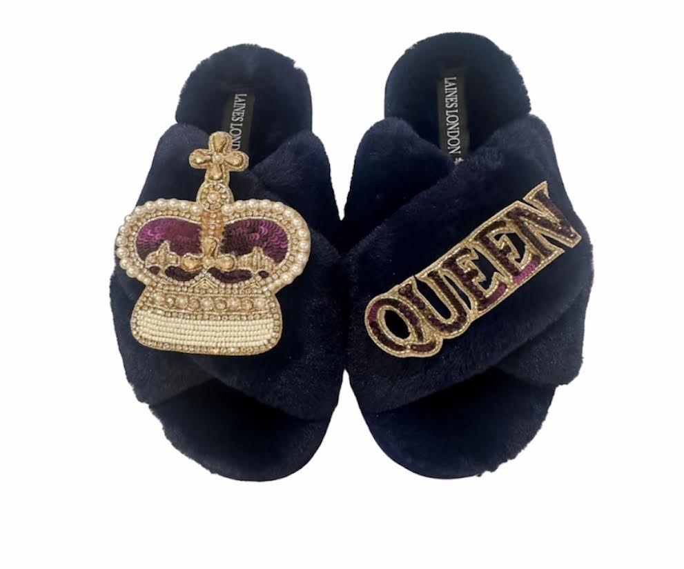 BLACK CROWN & QUEEN SLIPPERS