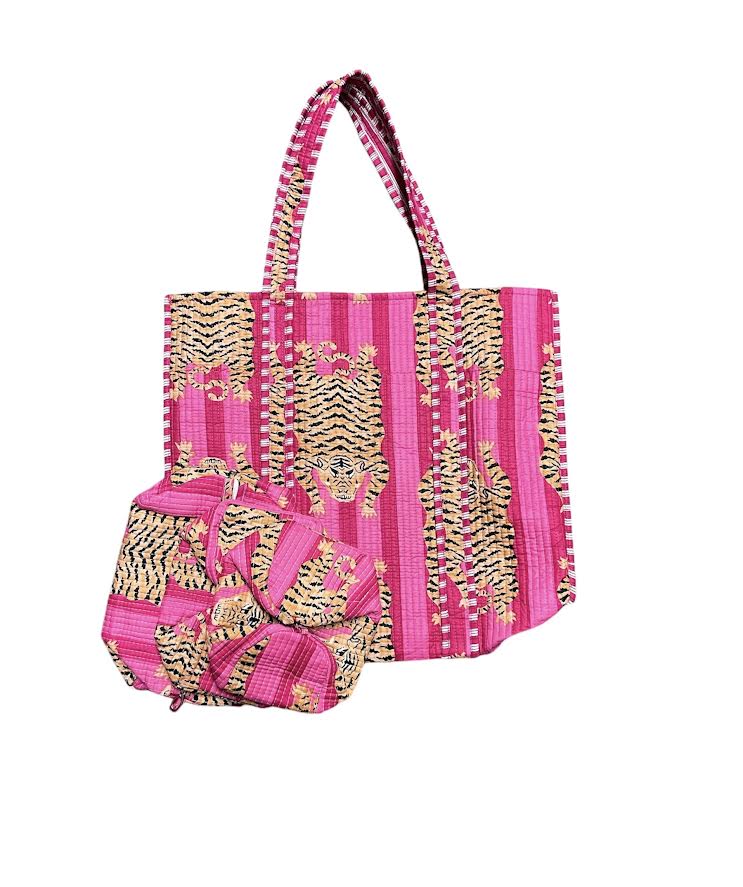 PINK/PINK TOTE AND 3 PC COSMETIC BAG