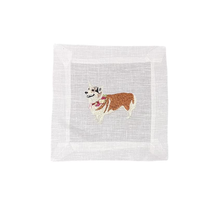 CORGI EMBROIDERED COCKTAIL NAPKIN