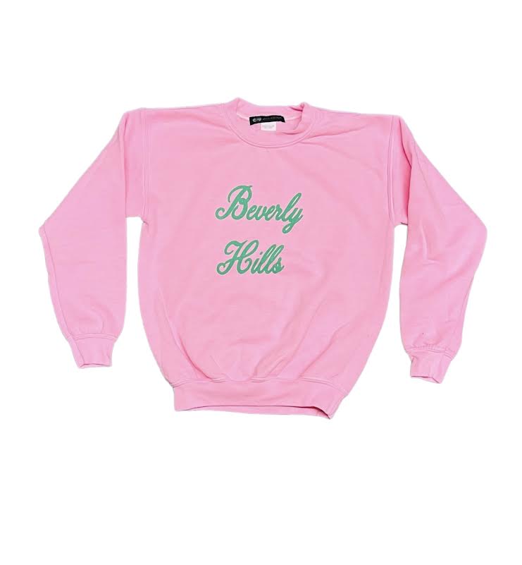 GIRLS PINK SCRIPT BEVERLY HILLS CREWNECK