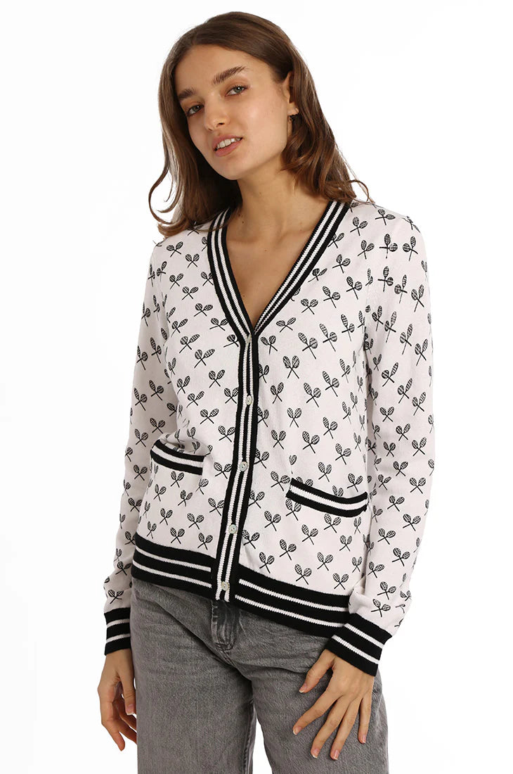 CASHMERE TENNIS PRINT WHITE CARDIGAN