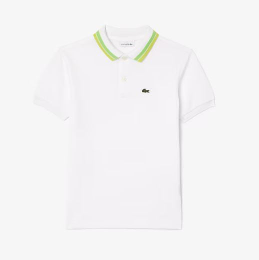 BOYS LACOSTE SHORT SLEEVED RIBBED COLLAR SHIRT - WHITE