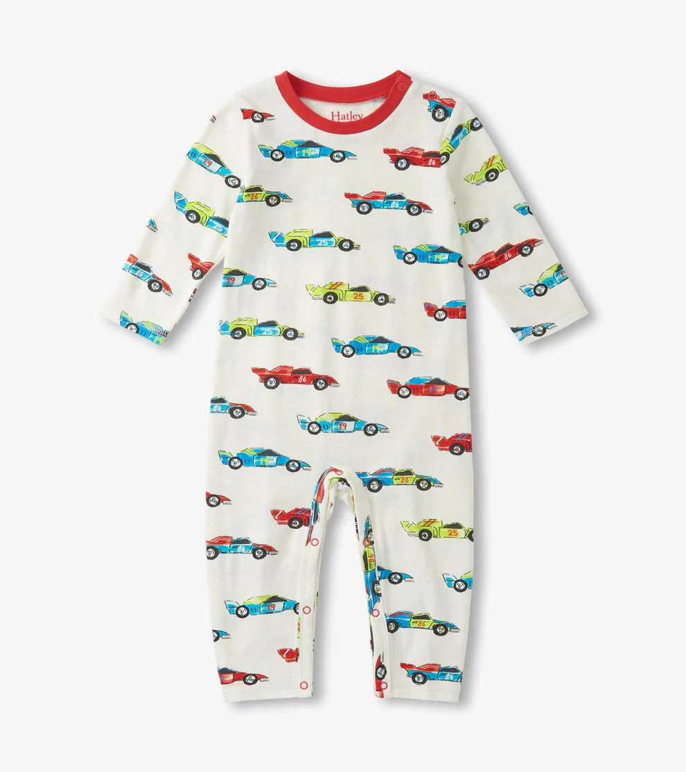 BOYS WATER COLOR RACECAR LONGSLEEVE ROMPER