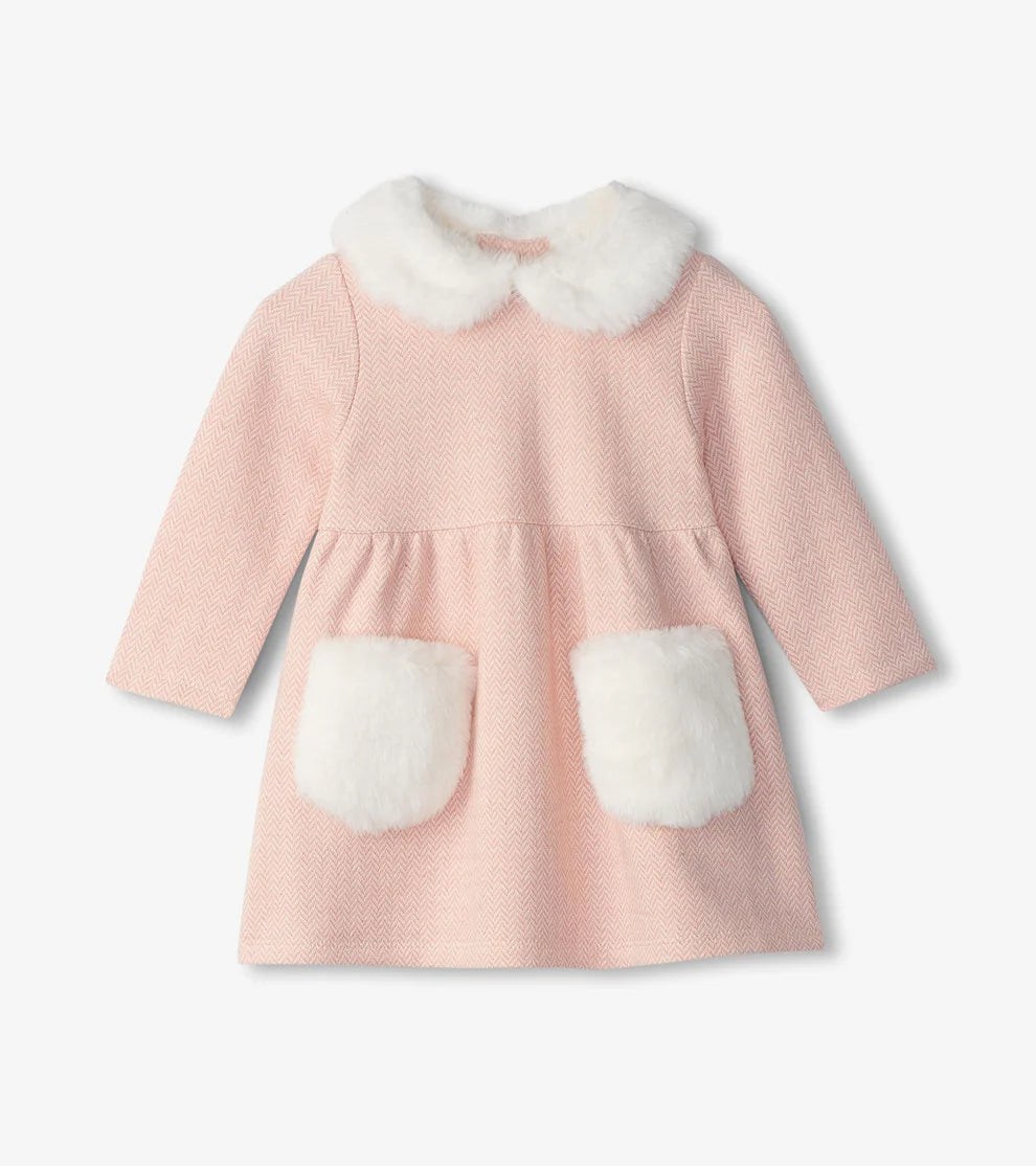 GIRLS ROSE ELEGANCE HERRINGBONE FUR TRIM DRESS