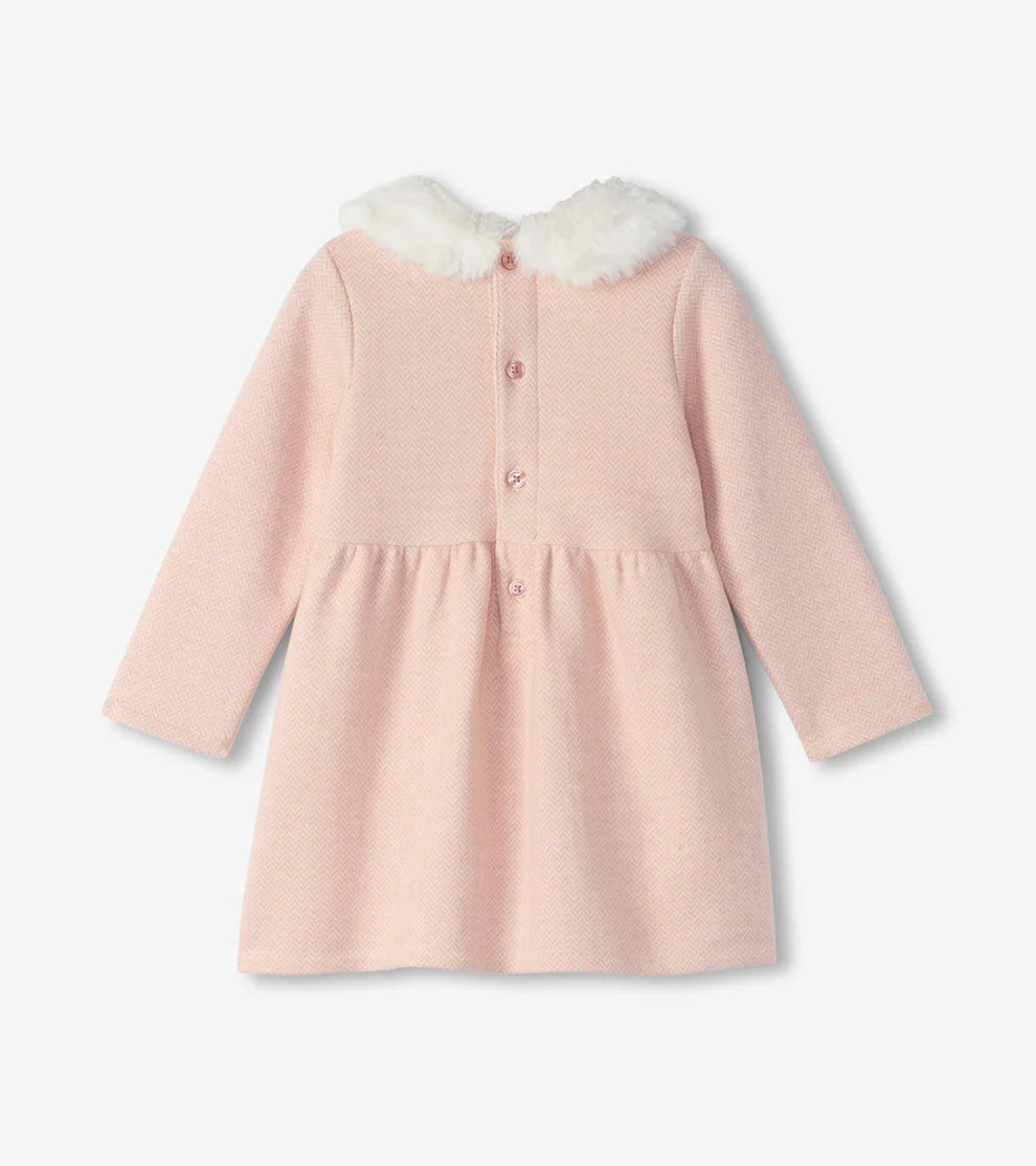 GIRLS ROSE ELEGANCE HERRINGBONE FUR TRIM DRESS