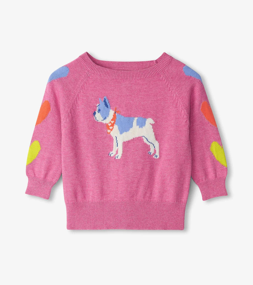 GIRLS FRENCH BULLDOG RAGLAN SWEATER