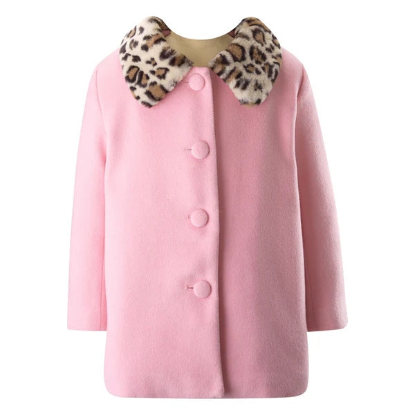 GIRLS PINK LEOPARD FAUX COLLAR COAT