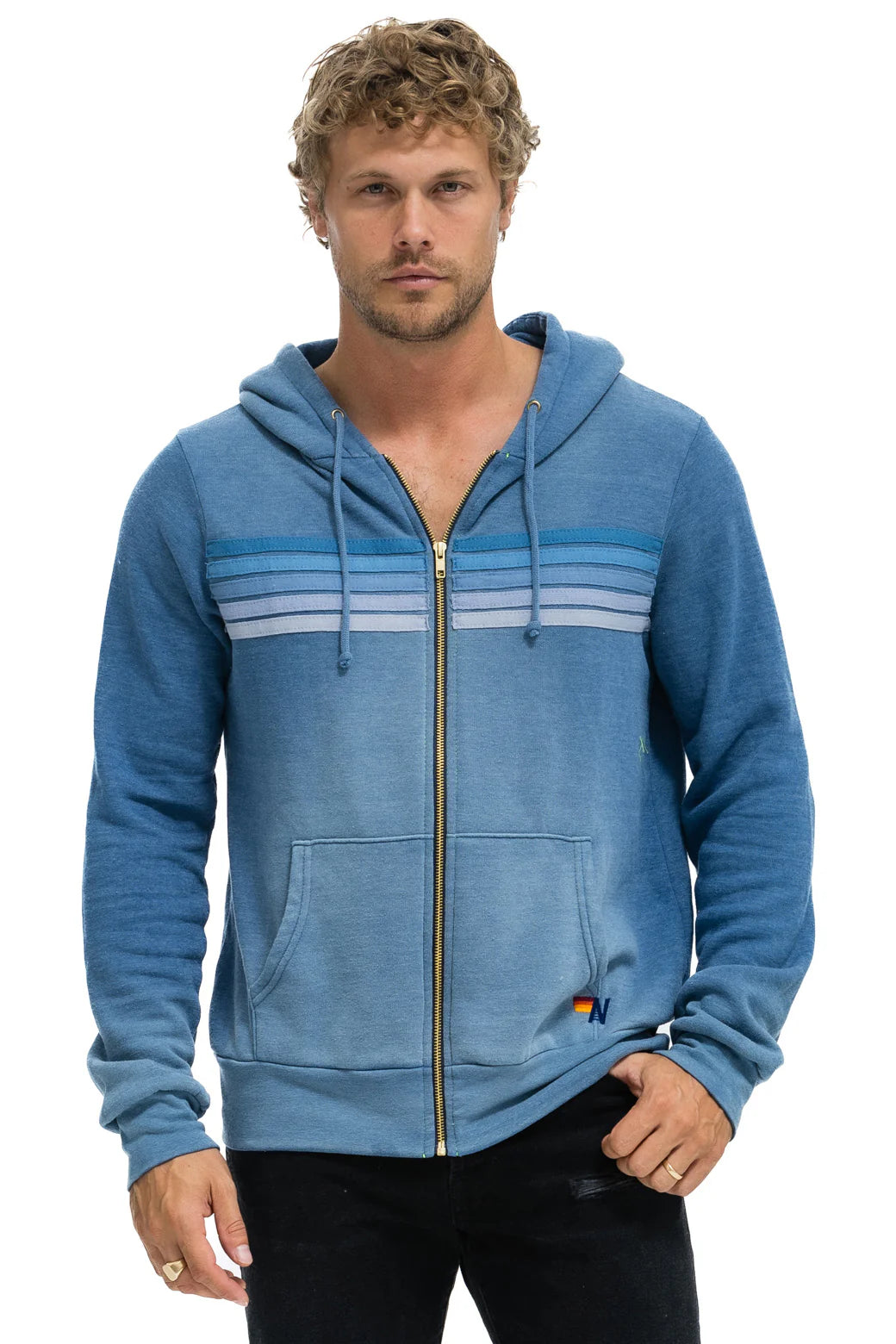 AVIATOR NATION UNISEX 5 STRIPE ZIP HOODIE - FADED WATER