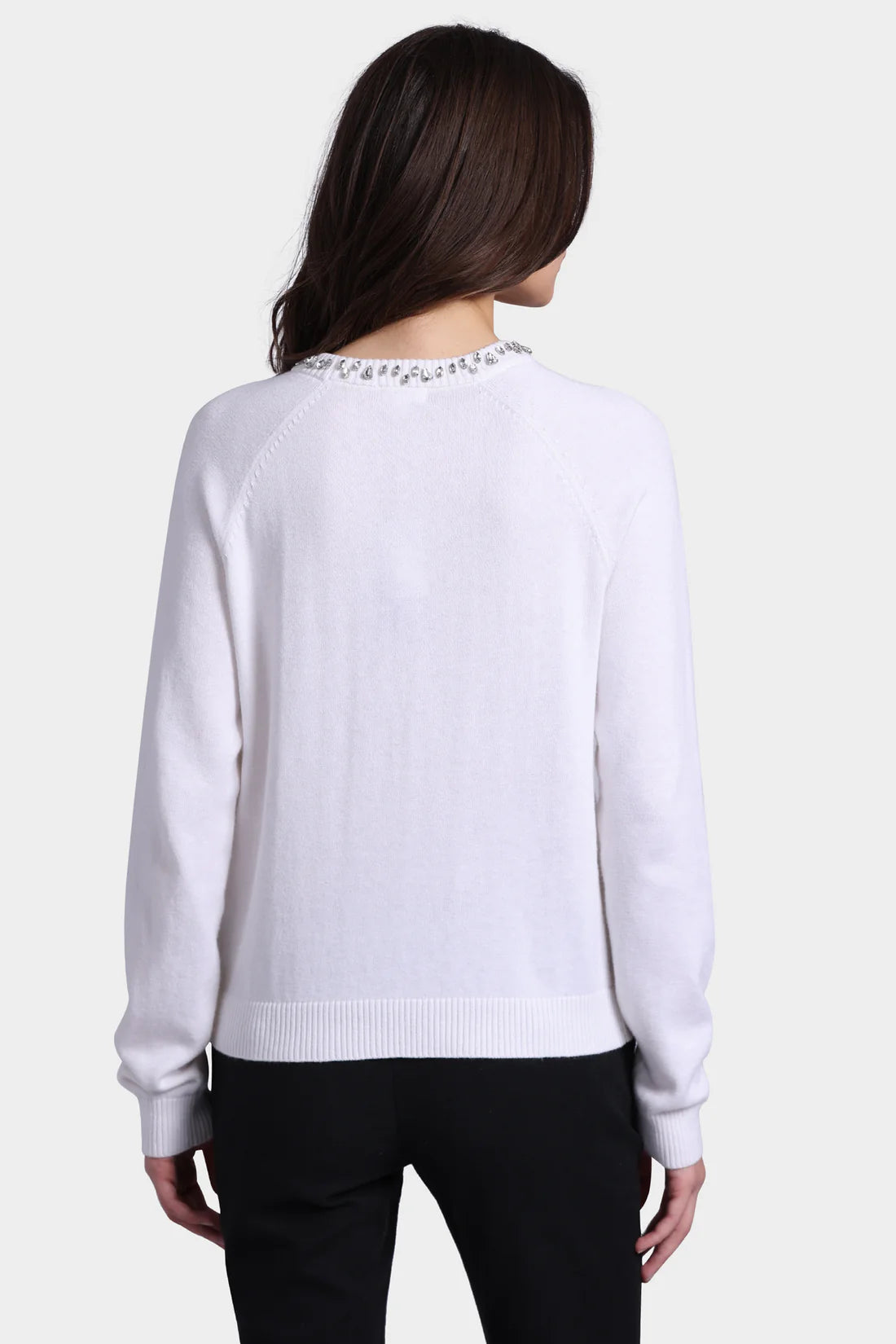 WHITE COTTON CASHMERE JEWEL NECK SWEATER