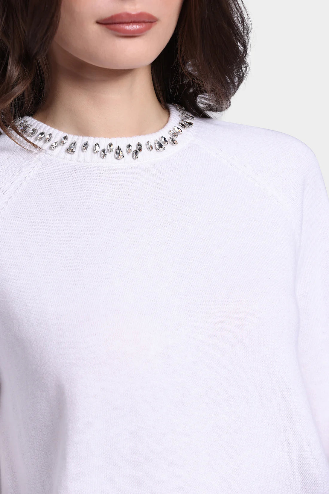 WHITE COTTON CASHMERE JEWEL NECK SWEATER