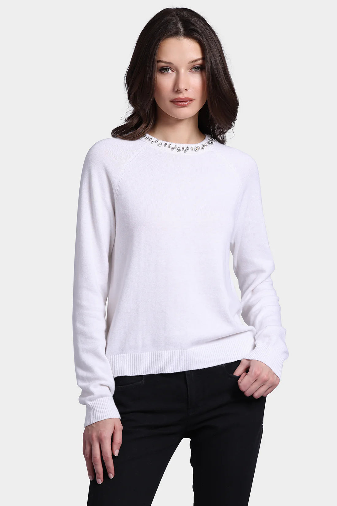 WHITE COTTON CASHMERE JEWEL NECK SWEATER