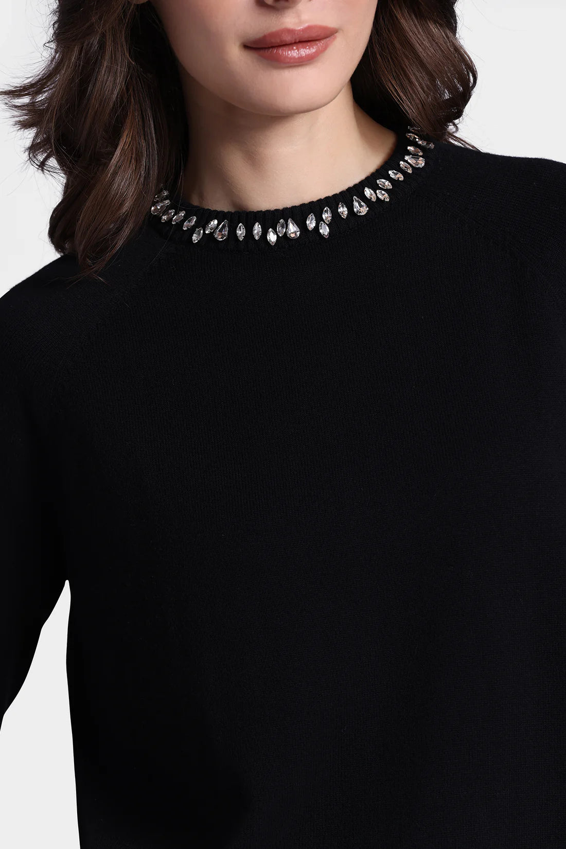 BLACK COTTON CASHMERE JEWEL NECK SWEATER