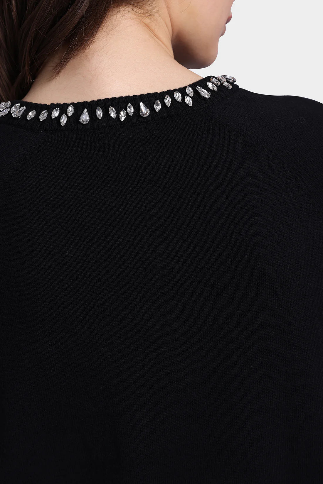 BLACK COTTON CASHMERE JEWEL NECK SWEATER