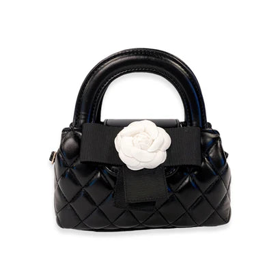 BLACK FLORAL APPLIQUE QUILTED BAG