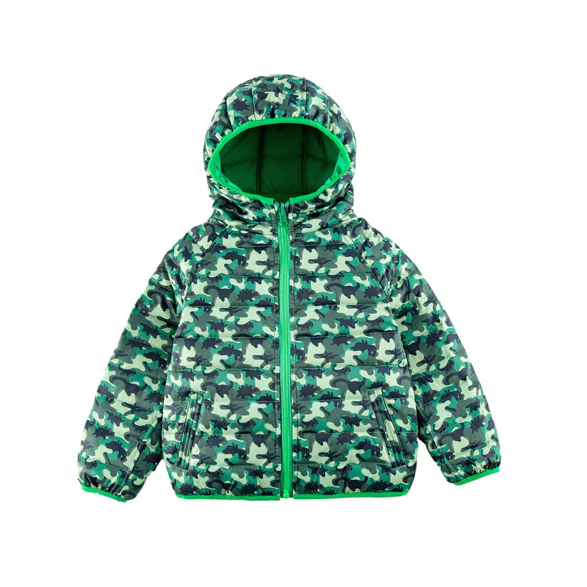 BOYS DINOSAUR CAMO REVERSIBLE DOWN JACKET