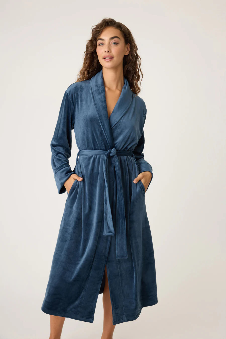 WOMENS NAVY VELOUR ROBE