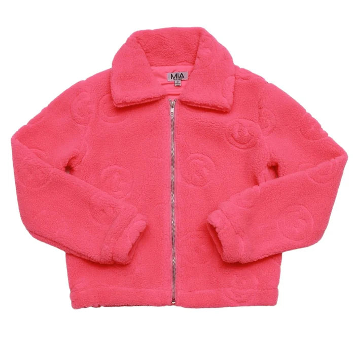 GIRLS SMILEY SHERPA NEON PINK JACKET