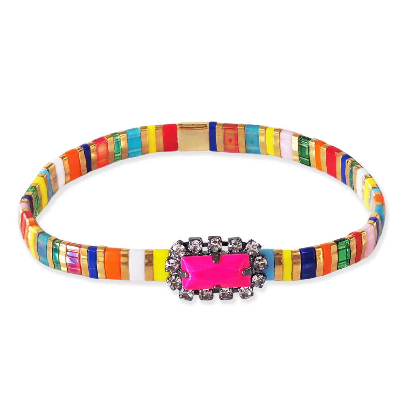 RAINBOW NEON PINK MIX TILA BEAD GLASS STONE BRACELET