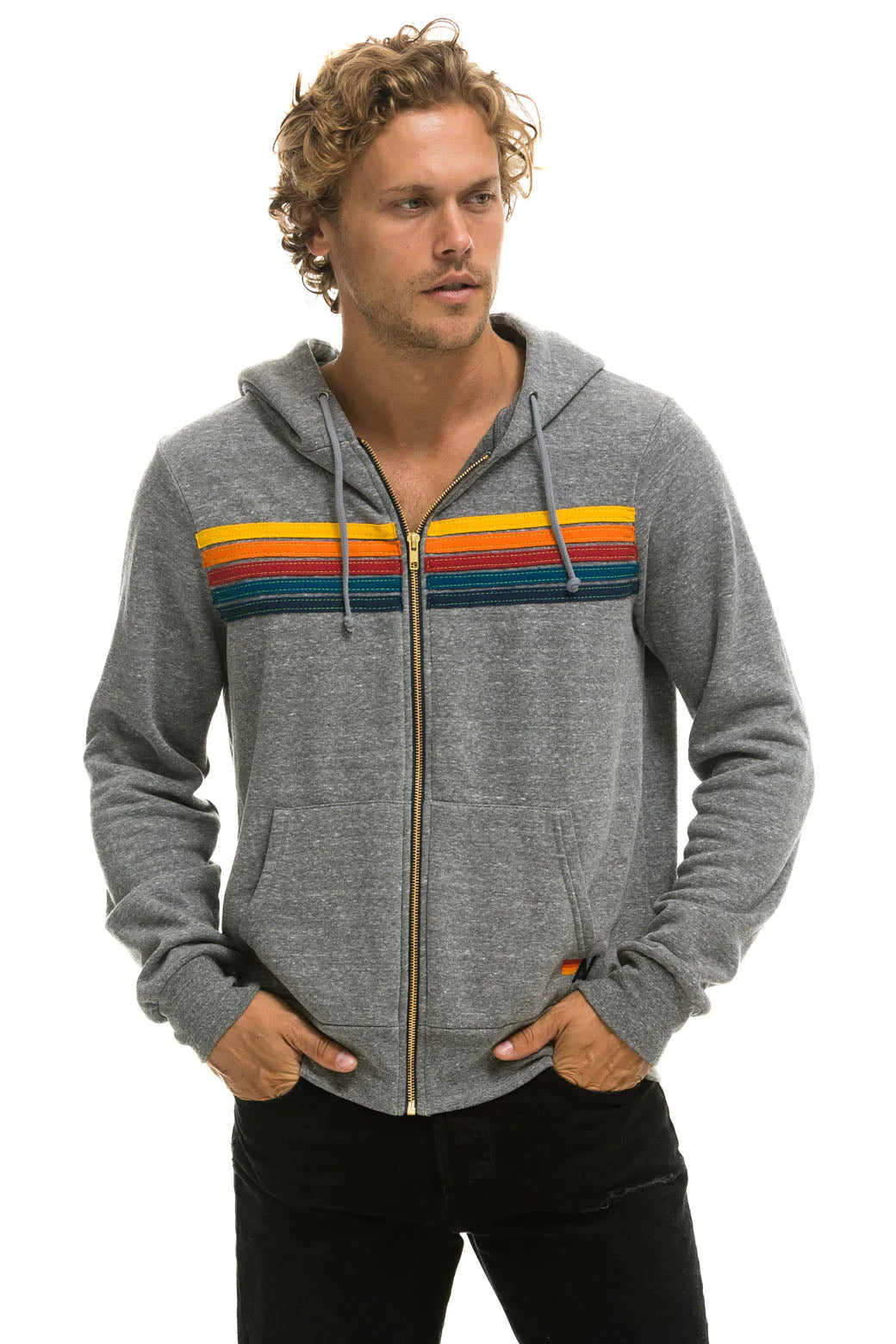 MENS AVIATOR NATION 5 STRIPE HOODIE - HEATHER GREY